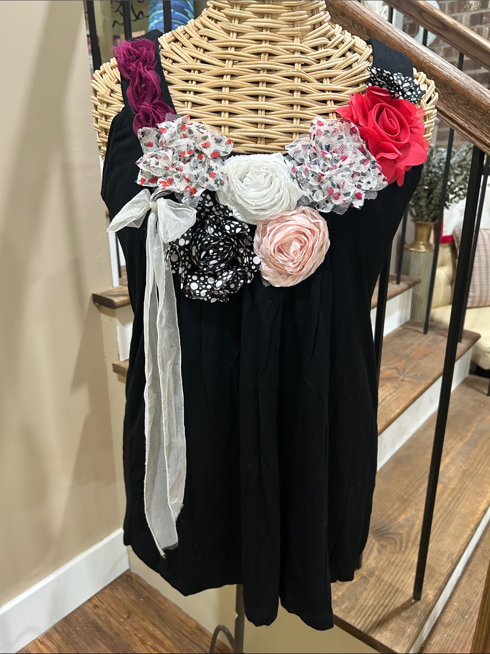 Feratelli ladies Small Black Floral Applique Tunic with Mixed Fabric Flowers